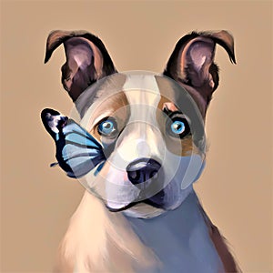 Illustration with a painted look cute brown and white dog with blue butterfly on his face