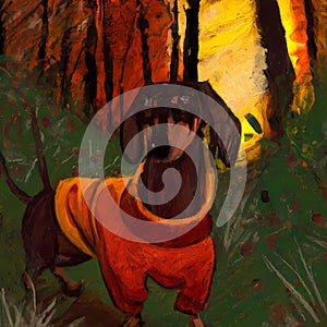 Painted style illustration from a brown saucage dog Dachshund wearing an orange turtleneck in a forest photo