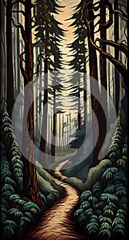 Illustration in a painterly style of a forest path