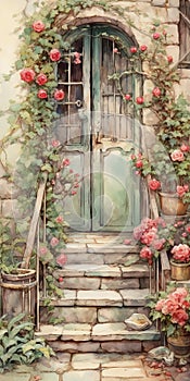 Romantic Watercolor Art Print Of House Entrance Door With Roses photo