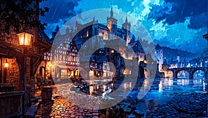 medieval Germanic city in a fierce evening rain storm photo