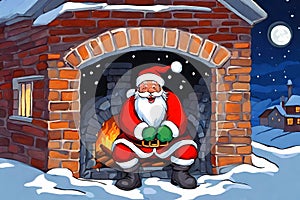 Illustration painting of smiling Santa Claus santa claus in the chimney.
