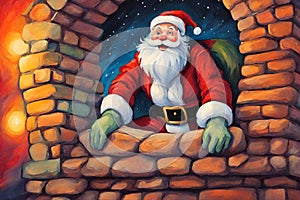 Illustration painting of smiling Santa Claus santa claus in the chimney.