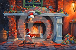 Illustration painting of smiling Santa Claus santa claus in the chimney.