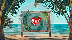 Illustration of a painting in a wooden frame on the sandy shore of the sea against the backdrop of the ocean, AI generated