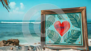 Illustration of a painting in a wooden frame on the sandy shore of the sea against the backdrop of the ocean, AI generated