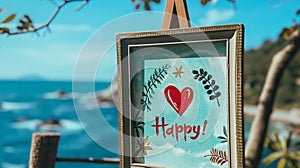 Illustration of a painting in a wooden frame on the sandy shore of the sea against the backdrop of the ocean, AI generated