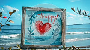 Illustration of a painting in a wooden frame on the sandy shore of the sea against the backdrop of the ocean, AI generated