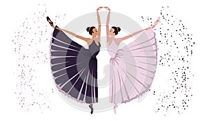 Illustration, a pair of dancing ballerinas in an elegant pose. Poster for dance lessons, text background