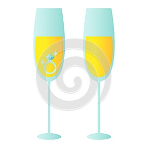 Illustration of pair of engagement ring in champagne glass. Icon vector