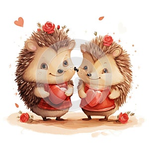 Illustration of a pair of hedgehogs in love on a white background