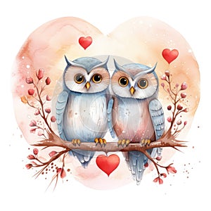 Illustration of a pair of owls in love on a white background