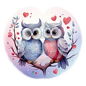 Illustration of a pair of owls in love on a white background