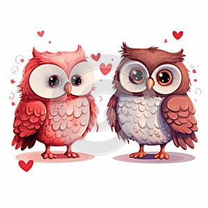 Illustration of a pair of owls in love on a white background