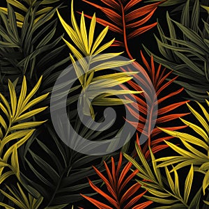 Illustration Of Palm Leaves On Dark Background With Detailed Crosshatching