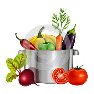 Illustration with a pan and vegetables