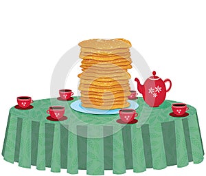 Illustration of pancakes in a dish on white background