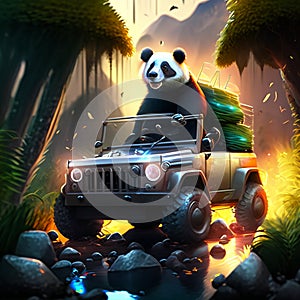 Illustration of a panda driving a jeep through the jungle AI generated