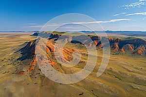 Panoramic photo of the massive multicolored m simulation mountain range in outback australia, vast flat plains below red and yell