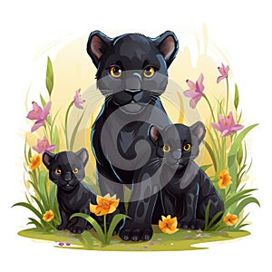 Illustration of a panther family on a white background.