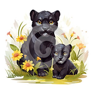 Illustration of a panther family on a white background.
