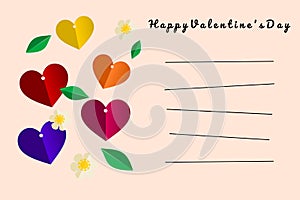 Illustration of paper cut style in concept : Happy Valentine`s Day card in light color. Colorful Hearts.