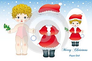 Illustration of a paper doll with Christmas clothes