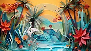 Illustration of a paper landscape inspired by a tropical paradise with origami birds and beach with palm treas
