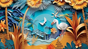 Illustration of a paper landscape inspired by a tropical paradise with origami birds and beach with palm treas