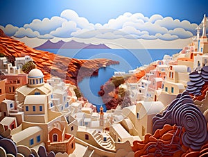 illustration papercut art landscapes The Santorini island of Greece, tourist attraction, Generative AI