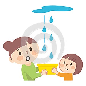 Illustration of parents and children who are troubled by rain leaks