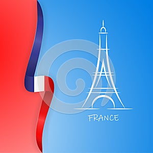 Illustration of Paris Eiffel Tower with flag of country France. Vector illustration