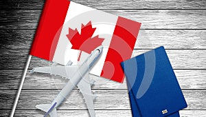 Illustration of a passenger plane flying over the flag of Canada. Concept of tourism and travel