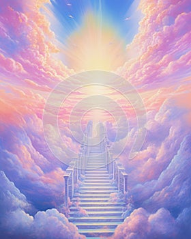 illustration of a pastel colored stairway to a bright heaven in clouds