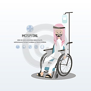 Illustration of the patient Arab man on wheelchair.