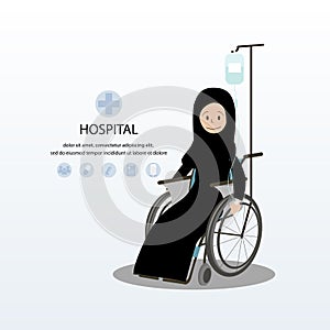 Illustration of the patient Arab woman on wheelchair.