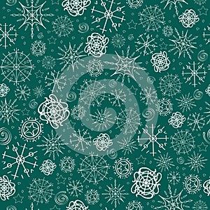 Illustration, pattern. image of snowflakes, winter. blue green background, white outline for the Christmas cards, packaging