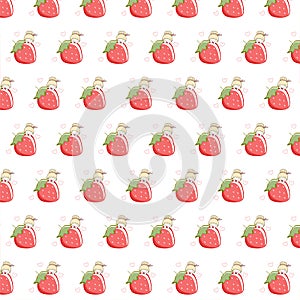 Illustration of a pattern. A little girl peeking out from behind a large strawberry berry . Pink background on the