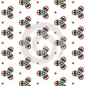 Illustration of a pattern odifferent colorful geometric shapes against a gray background