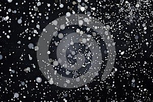 A pattern of small white particles on a black background, arranged in a random way, creating the illusion that they were levitati