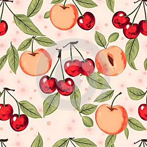 A watercolor peach and cherry fruit pattern background design