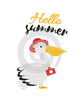 Illustration with a pelican bird in a hat with a camera on the neck and the inscription hello summer. A print with the words hello
