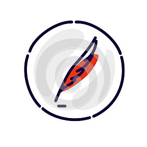 Illustration of pen icon in a circle. Vector. Red bird feather. Contour flat style. Logo for corporate identity, company