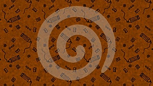 Illustration with pencils, letters and grammatical symbols pattern on brown background