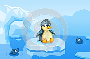 Illustration of a penguin on an arctic vector background with ice floes, icebergs