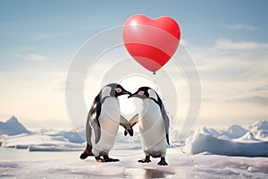 Illustration of penguins in love with a heart-shaped balloon