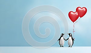 Illustration of penguins in love with heart-shaped balloons on a blue background