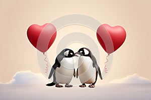 Illustration of penguins in love with heart-shaped balloons on a pink background