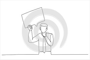 Illustration of pensive business man in white shirt standing and holding blank paper speech bubble above his head. One line art