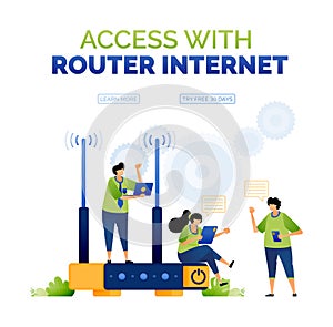 Illustration of people accessing the internet with routers and communicating with each other. illustration of activities for